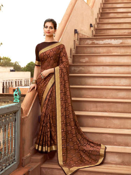 AVANTIKA: Brown Patterned Designed Saree with Solid Colour Blouse [Available]