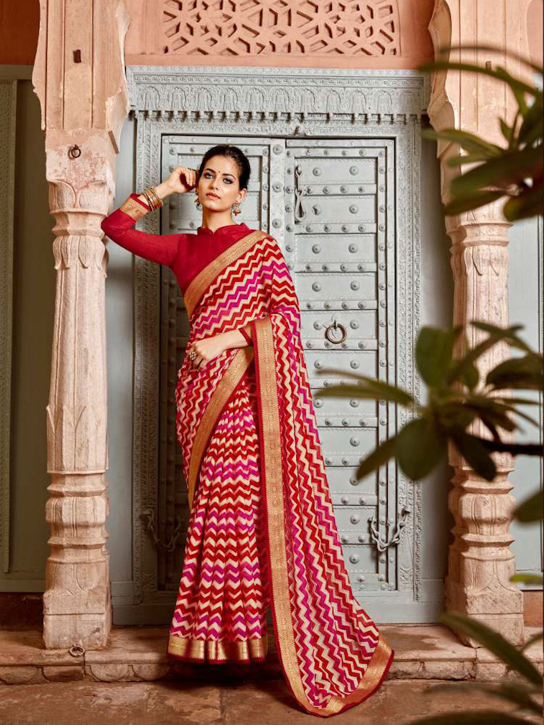AVANTIKA: Red Patterned Designed Saree with Solid Colour Blouse [Available]