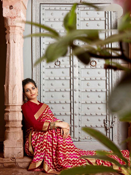 AVANTIKA: Red Patterned Designed Saree with Solid Colour Blouse [Available]