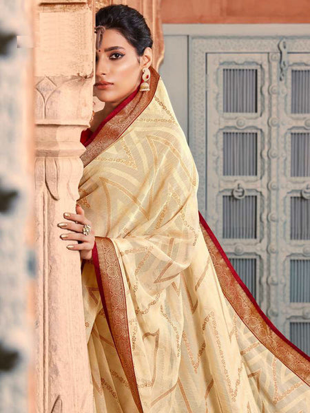 AVANTIKA: Cream Patterned Designed Saree with Solid Colour Blouse [Available]