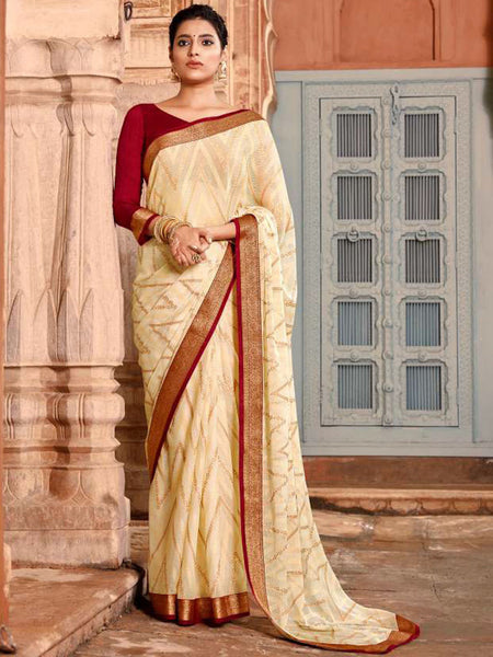 AVANTIKA: Cream Patterned Designed Saree with Solid Colour Blouse [Available]