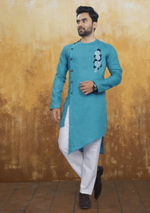 Men's Cross Style Light Blue Kurta with Embroidery [Pre-Order]