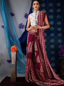 [Available] Maroon MulMul Saree with Printed White Blouse