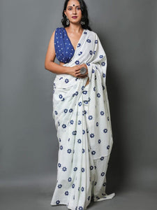 White MulMul Saree with Blue Blouse