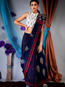 [soldout] Blue MulMul Saree with Printed White Blouse