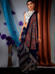 [Available] Black MulMul Saree with White Printed Blouse