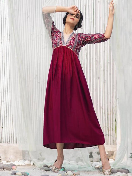 [Available] Maroon Blossoms Flare Dress