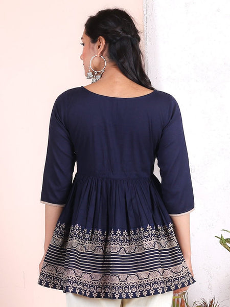 [Available] Navy Blue Top with Rich Border [XS] - Last Piece