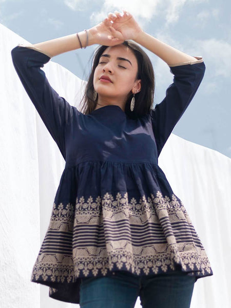 [Available] Navy Blue Top with Rich Border [XS] - Last Piece