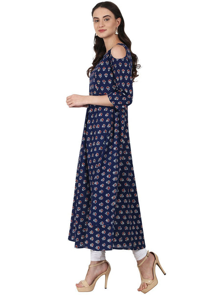 [Available] Off Shoulder Navy Blue Printed Flared Kurta Top
