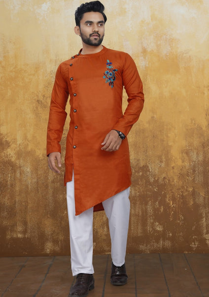 Men's Cross Style Orange Kurta with Embroidery [Pre-Order]