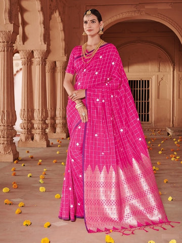 Mami Collections: Pink Checkered Soft Silk Saree with Rich Silver Pallu Blouse [Available]