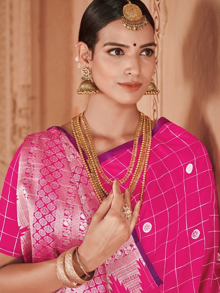 Mami Collections: Pink Checkered Soft Silk Saree with Rich Silver Pallu Blouse [Available]