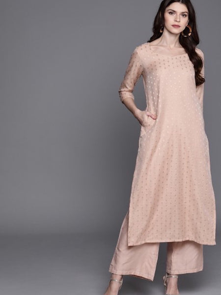 [Available] Women Dusty Pink & Golden Woven Design Kurta With Palazzos