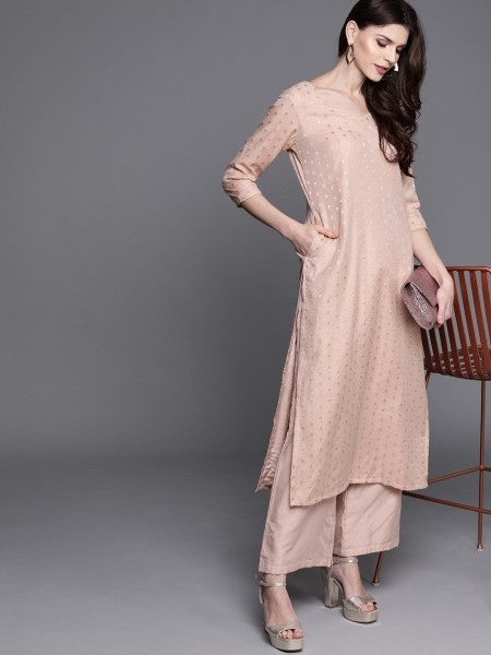 [Available] Women Dusty Pink & Golden Woven Design Kurta With Palazzos