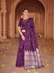 Mami Collections: Purple Checkered Soft Silk Saree with Rich Silver Pallu Blouse [Available]