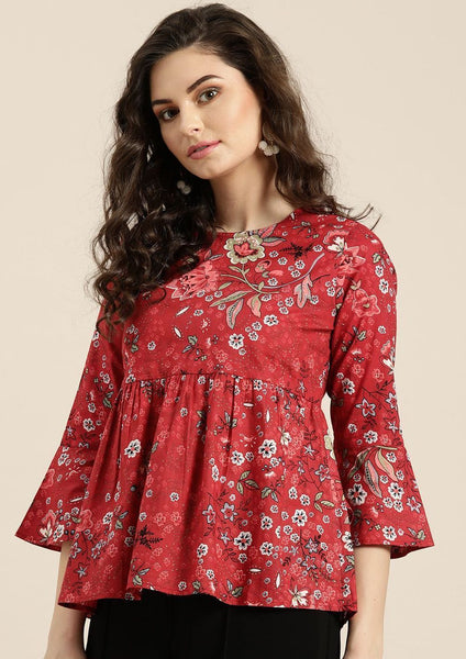 [SoldOut] Red Floral Top with Frill Hem Sleeves