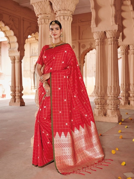 Mami Collections: Red Checkered Soft Silk Saree with Rich Silver Pallu Blouse [Available]