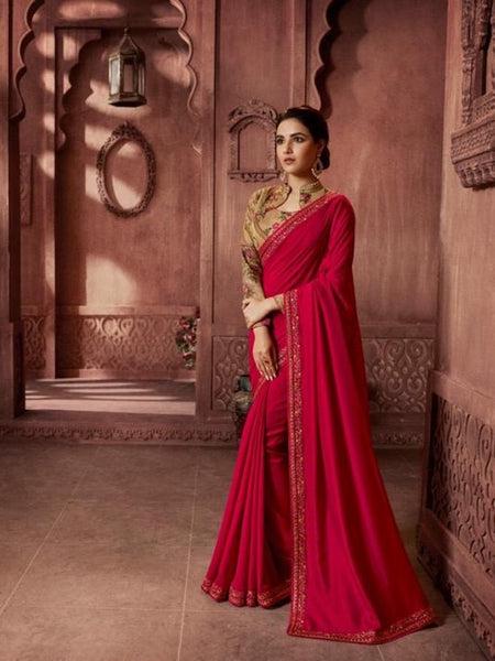 Party Wear : Embroidered Red Saree with Designer Blouse [SOLDOUT]