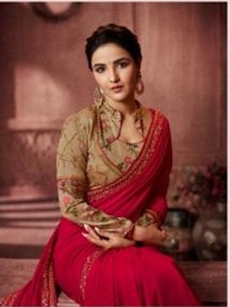 Party Wear : Embroidered Red Saree with Designer Blouse [SOLDOUT]