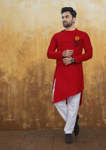 [Available] Men's Cross Style Red Kurta with Embroidery Set