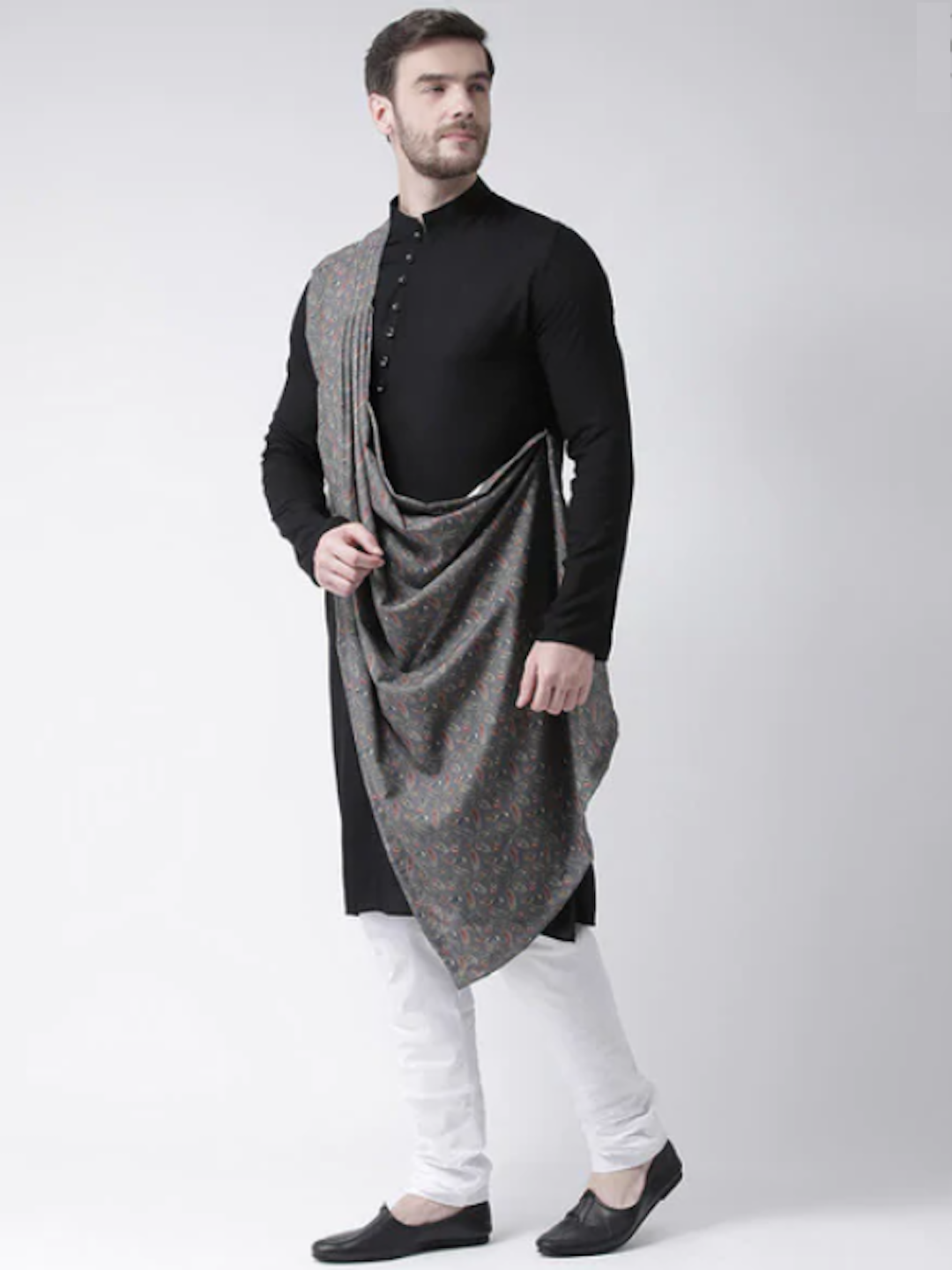 Available Royal Black Kurta with Pants and Grey Shawl Set Navastrani Boutique