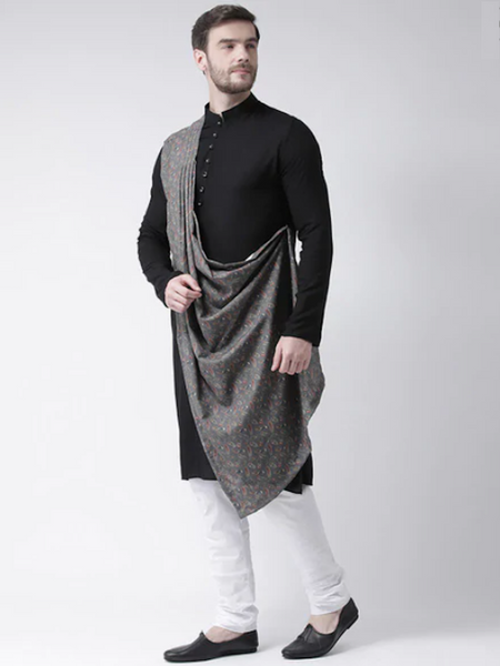 [Available] Royal Black Kurta with Pants and Grey Shawl Set