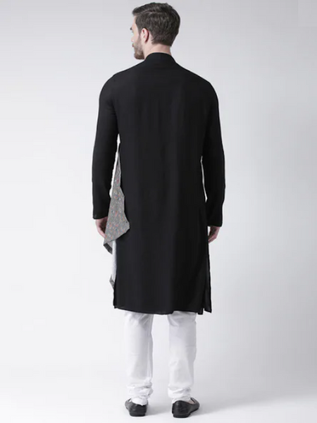 [Available] Royal Black Kurta with Pants and Grey Shawl Set