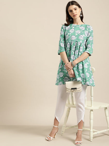 [Available]  Pastel Green Floral Print Short Kurta & Pants Set