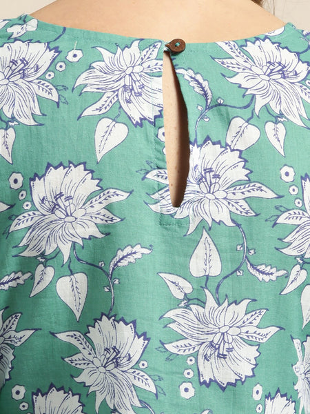 [Available]  Pastel Green Floral Print Short Kurta & Pants Set
