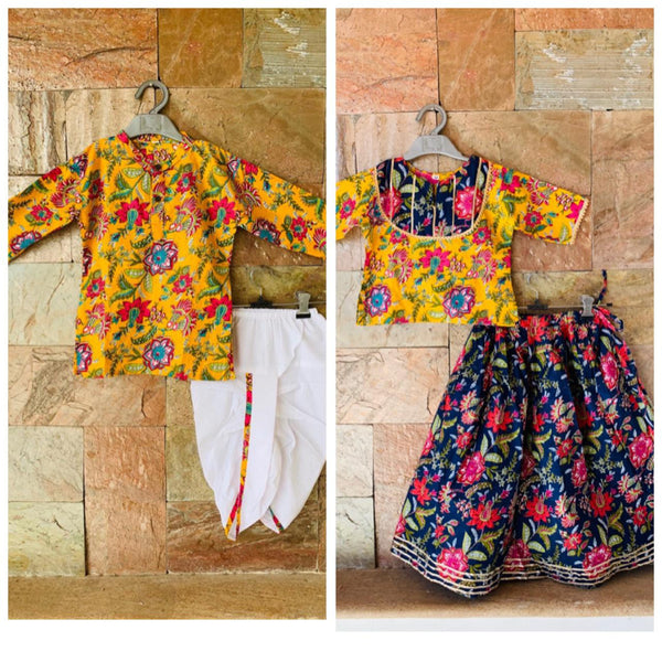 [Available] Girls Yellow Floral Printed Crop Top with Navy Blue Skirt Set