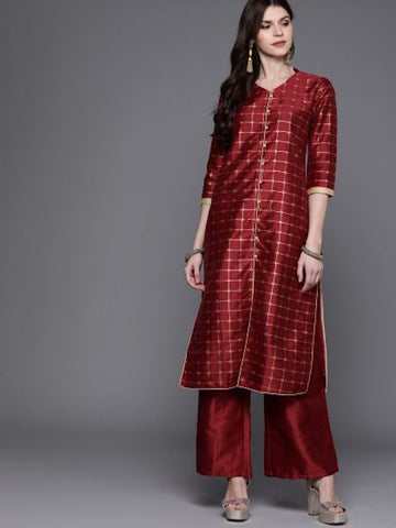 [SOLDOUT}Maroon & Golden Checked Kurta with Palazzo