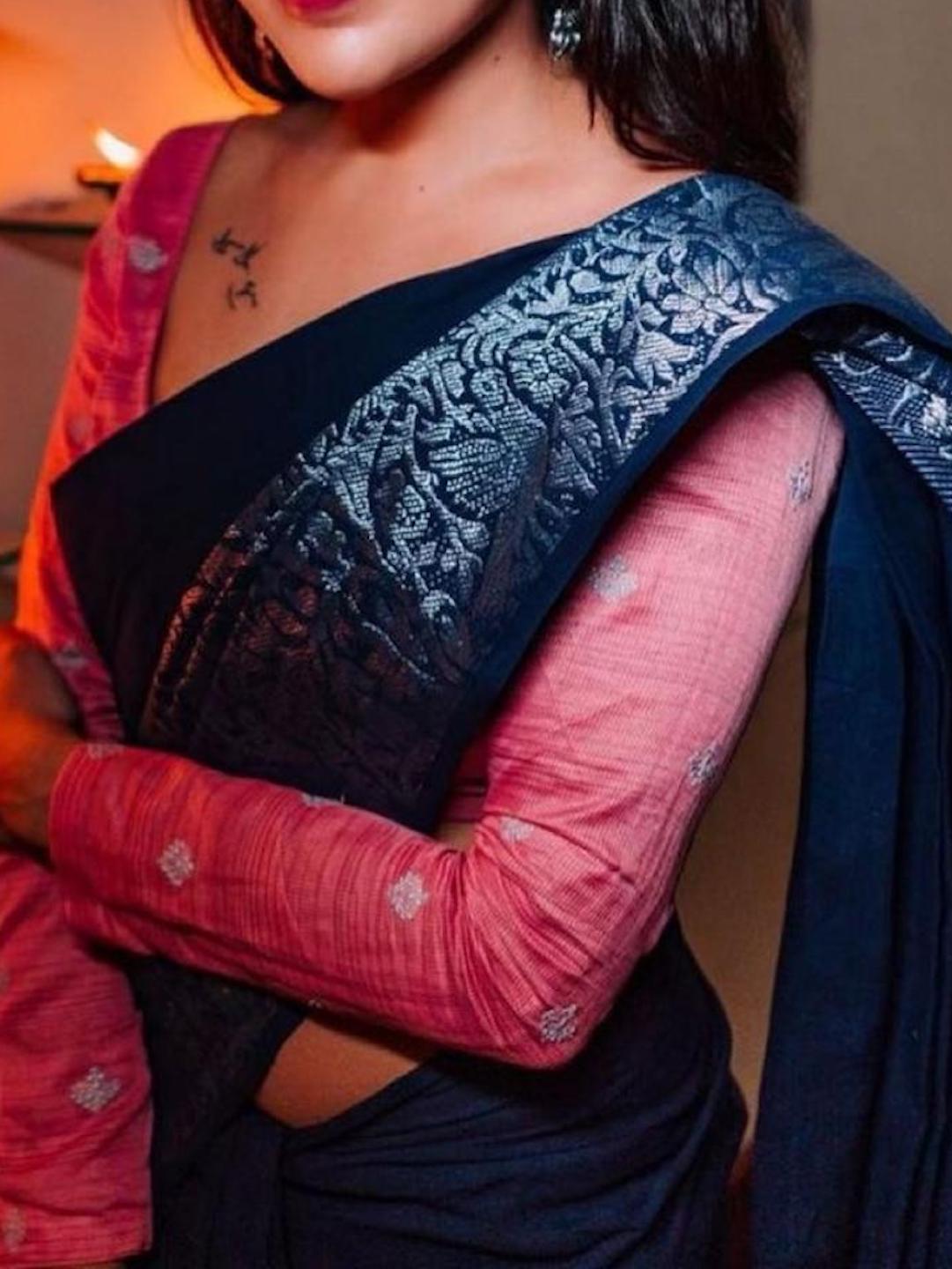 Summer Collection_Blue Saree with Silver Print Border & Pink Blouse [Available]