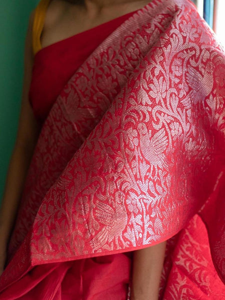 Summer Collection_Red Saree with Silver Print Border [Available]
