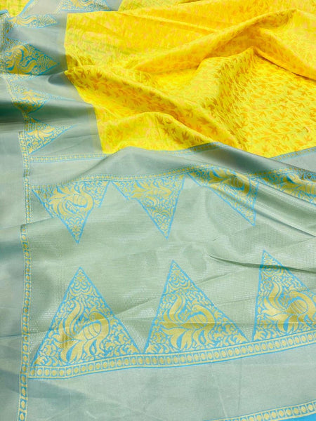 Yellow Saree with Light Blue Border & Saree Blouse[Available]