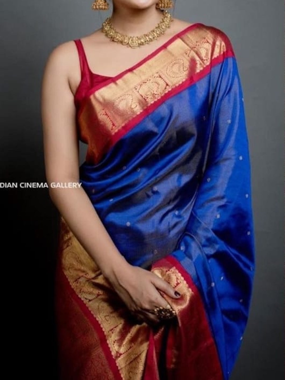 Royal Blue Saree with Red & Gold Print Border [Available]