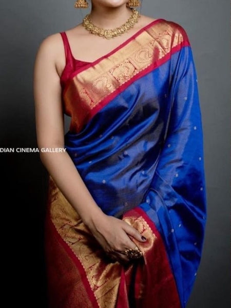 Royal Blue Saree with Red & Gold Print Border [Available]