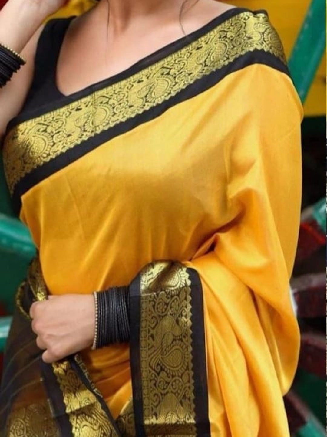Yellow Saree with Black & Gold Print Border [Available]