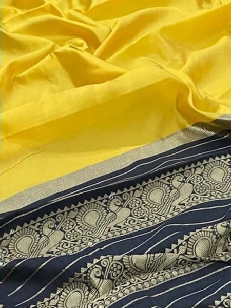 Yellow Saree with Black & Gold Print Border [Available]