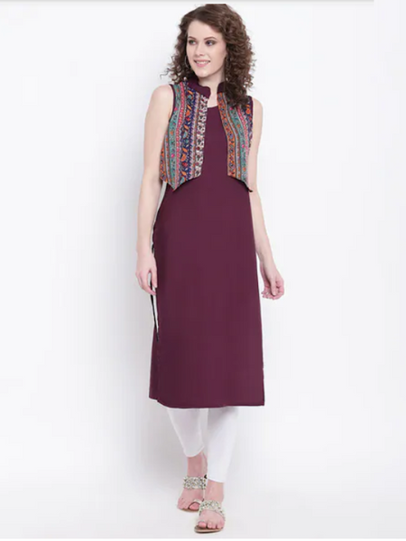 [Available] Sleeveless Maroon Kurta with Floral Vest