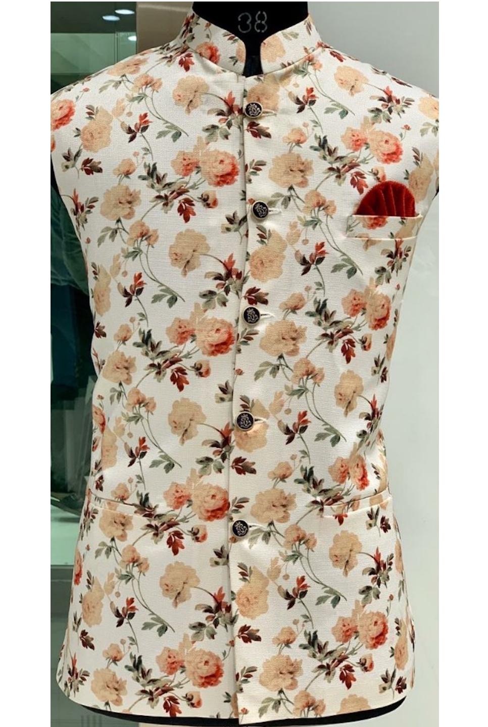 [Available] Men White Floral Printed Vest