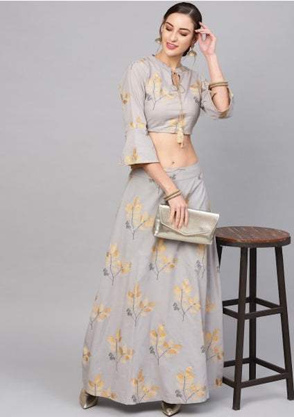Grey Gold Printed Lehenga With Blouse [Pre-Order]