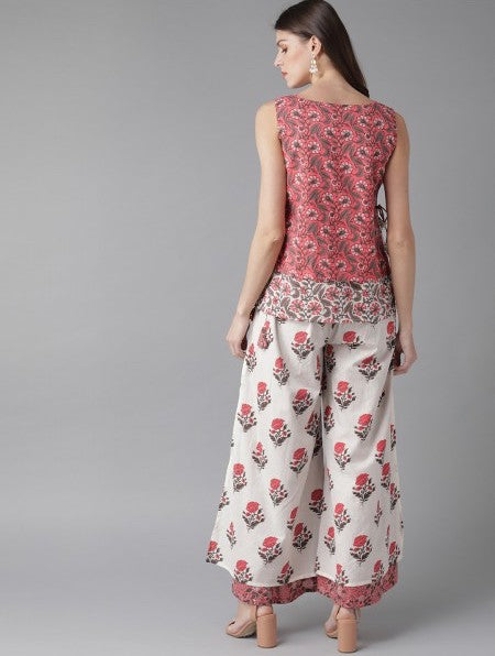 [Available] Pink & White Floral Printed Top with Palazzo Pants - Last Piece