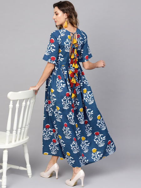 [Available] Indigo Printed Maxi Dress With Drawstrings & Tassle [XL]
