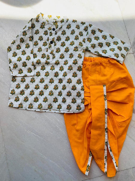 [Available] Boys Printed White Kurta with Yellow Dhoti Pants Set [ALL SIZES]