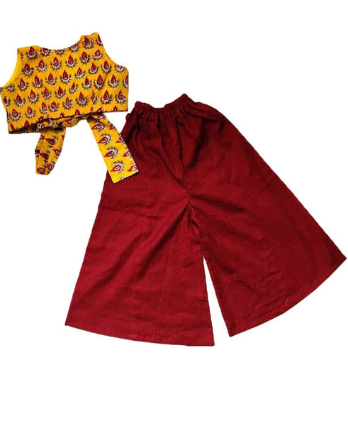 [Available] Girls Yellow Crop Top with  Maroon Palazzo Pants [Size: 2-3 yrs]
