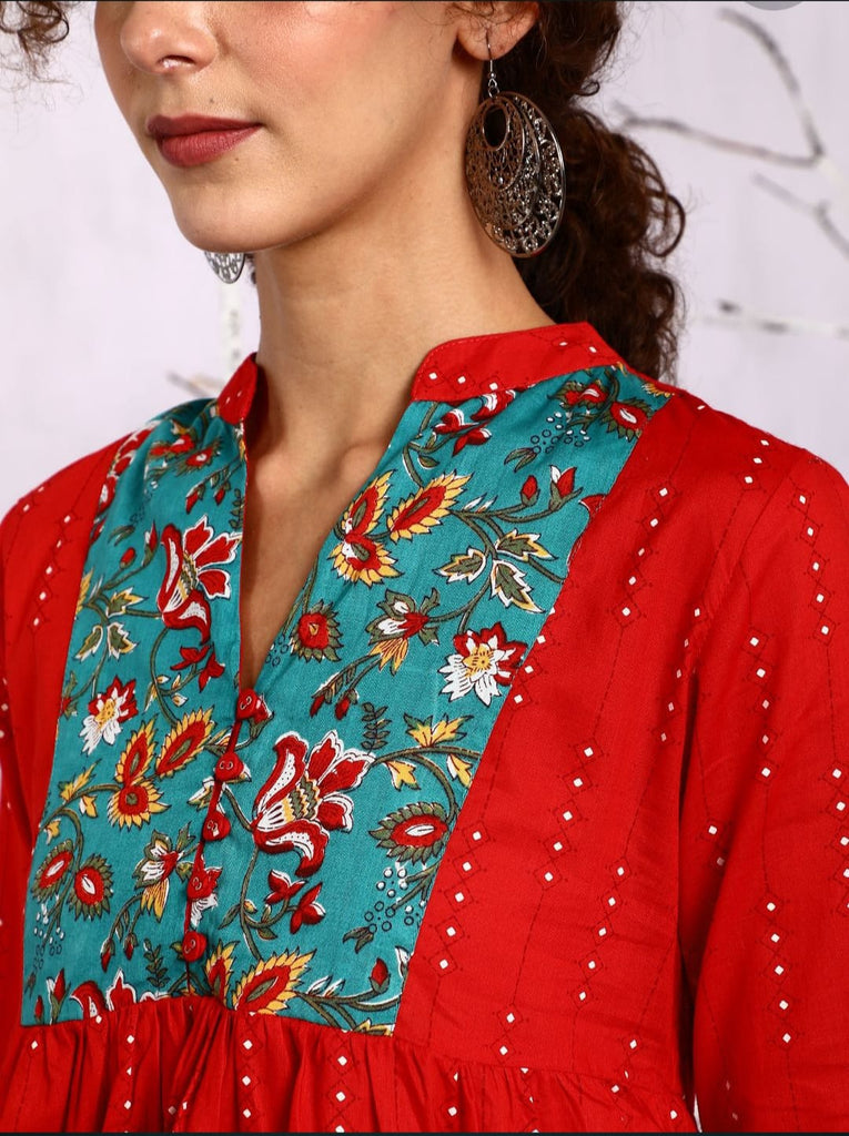 Premium Quality Golden Printed Red Kurti With Latkan And Tassels