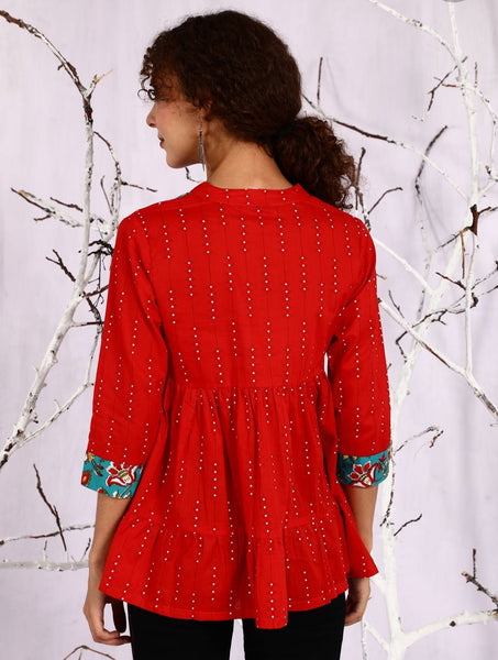 [Available] Floral Print Red Kurti Top