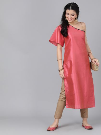[Available] Premium Pink One Shoulder Silk Kurta