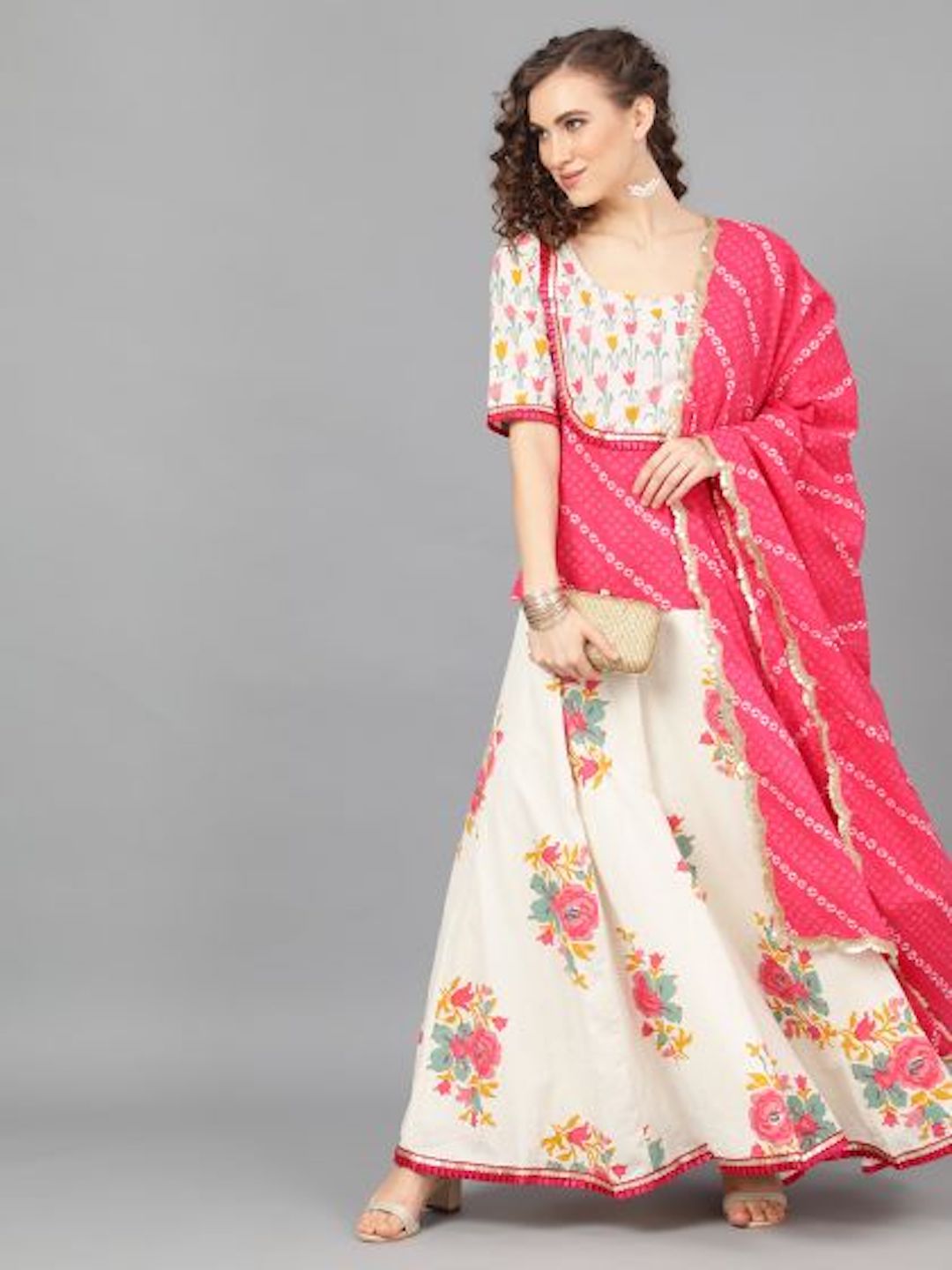 White lehenga with pink embroidered bandhej dupatta | Indian outfits lehenga,  Dress indian style, Indian designer outfits
